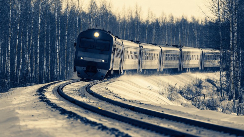 A long passenger train curving through snowbound birch forest in pale winter light, its headlamp glowing, steel rails glinting ahead