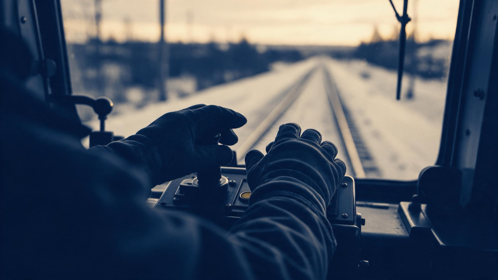 A train driver's gloved hands on the controls of a locomotive cab at dusk, snowy track stretching ahead through the windscreen