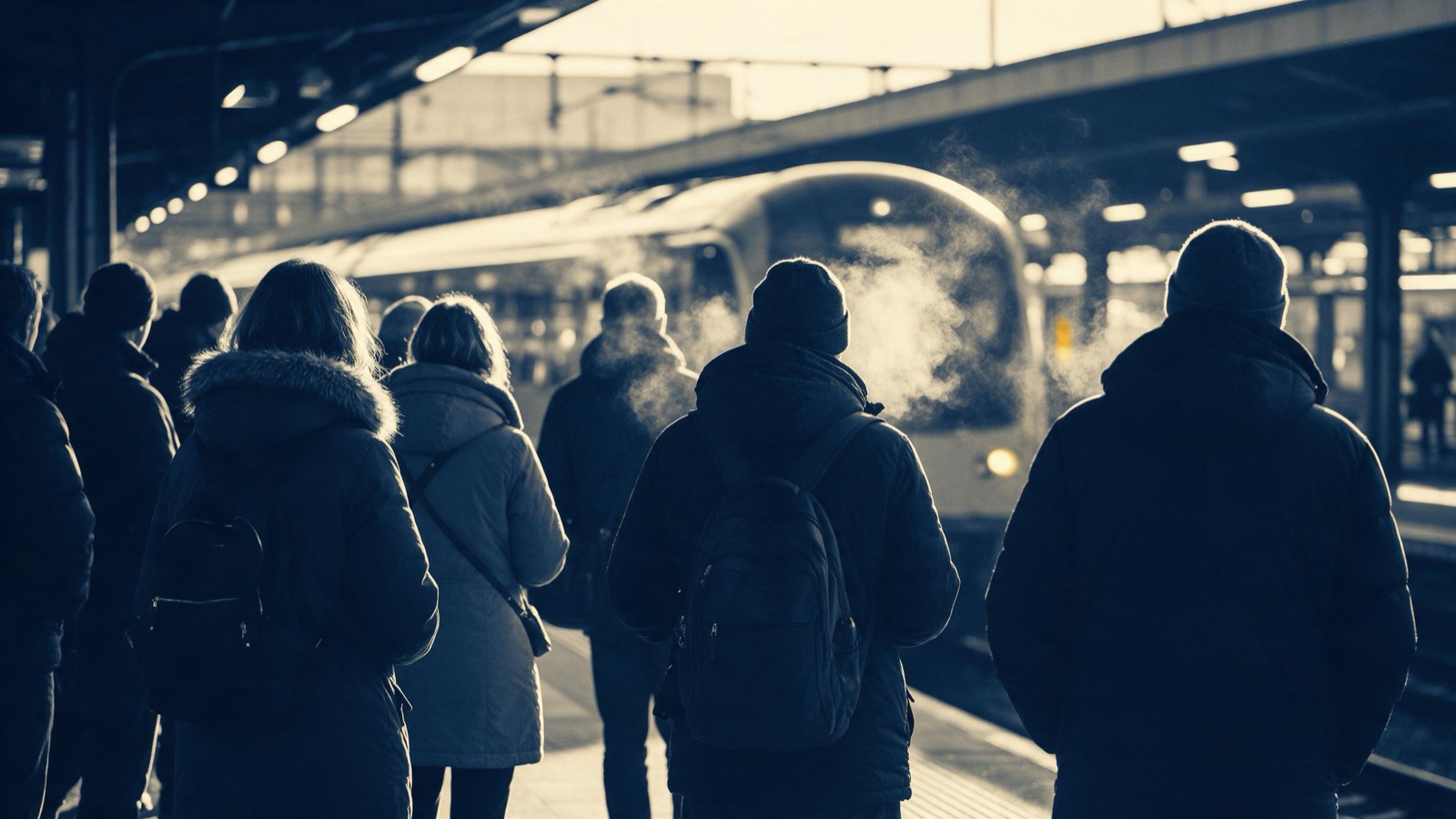 Passengers in winter coats seen from behind on a platform as a train glides in, breath clouding in the lamplight