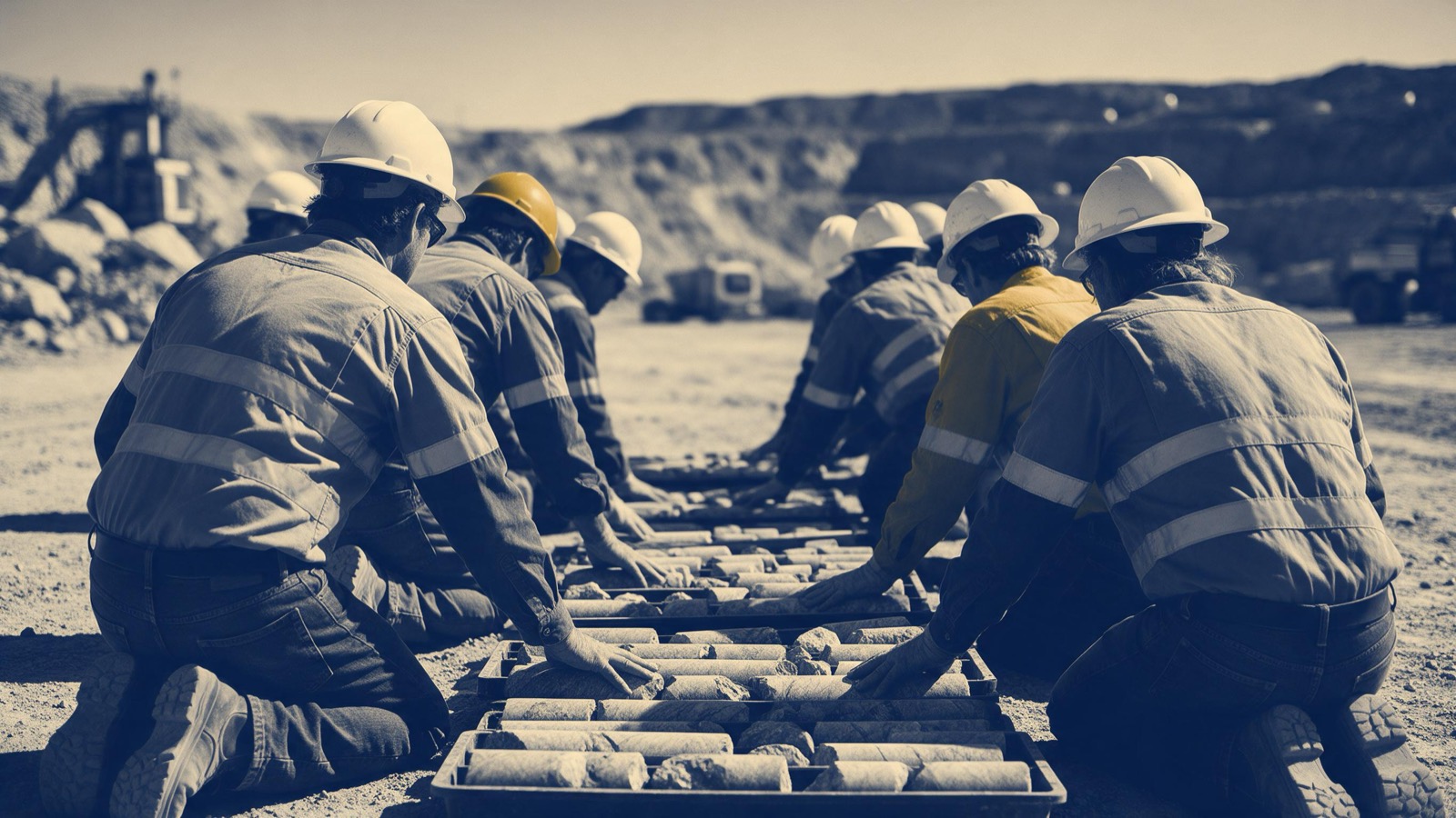 Geologists in hard hats seen from behind kneeling beside trays of drill core laid on the ground at a desert mine site, hands on the rock