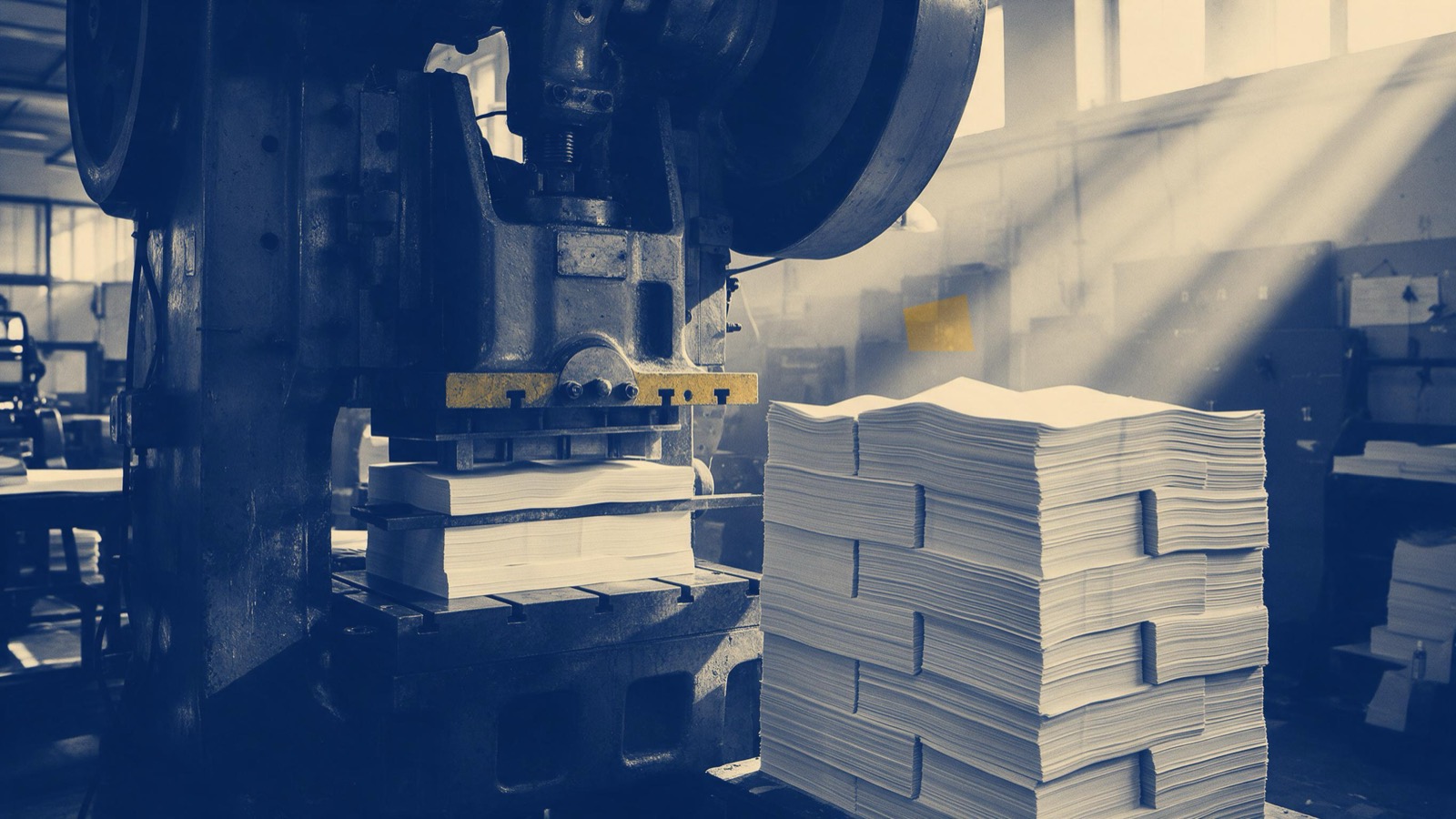 A printing works at first light, with tall stacks of freshly folded blank paper sheets beside a huge steel press and pale beams from high windows