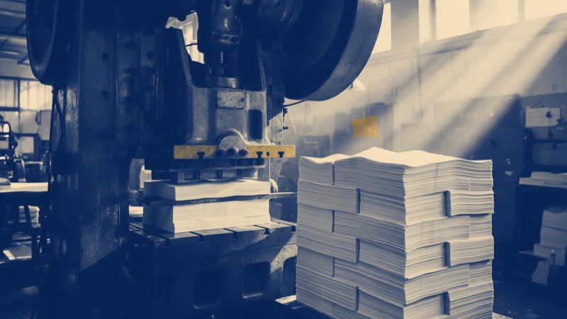 A printing works at first light, with tall stacks of freshly folded blank paper sheets beside a huge steel press and pale beams from high windows