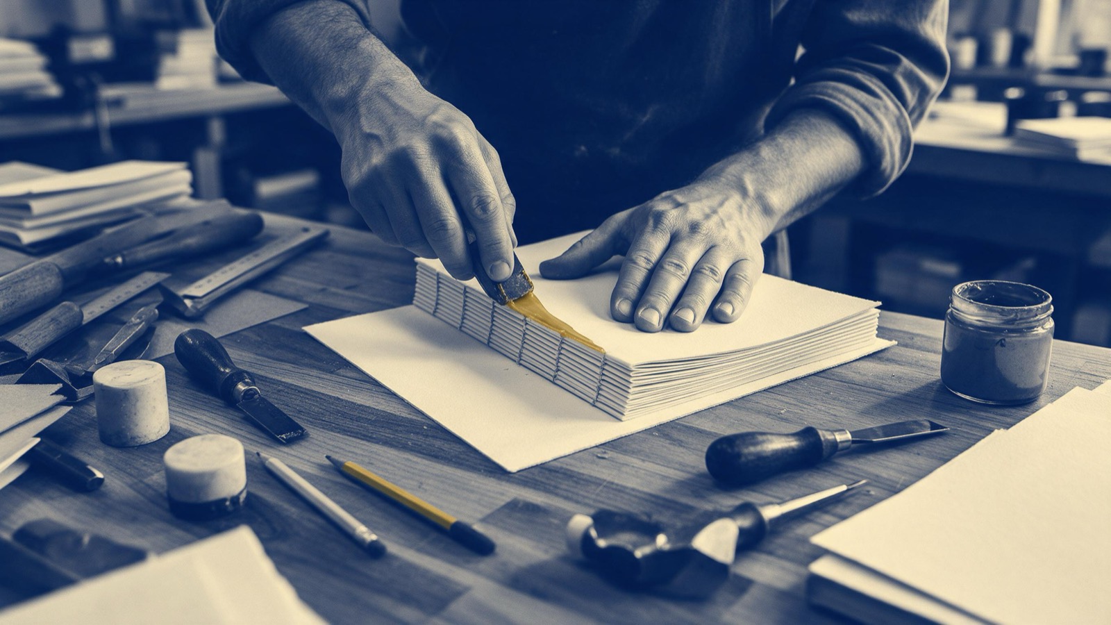 A bookbinder's hands pressing glue along the spine of a stack of sewn pages in a workshop, tools laid out on the bench