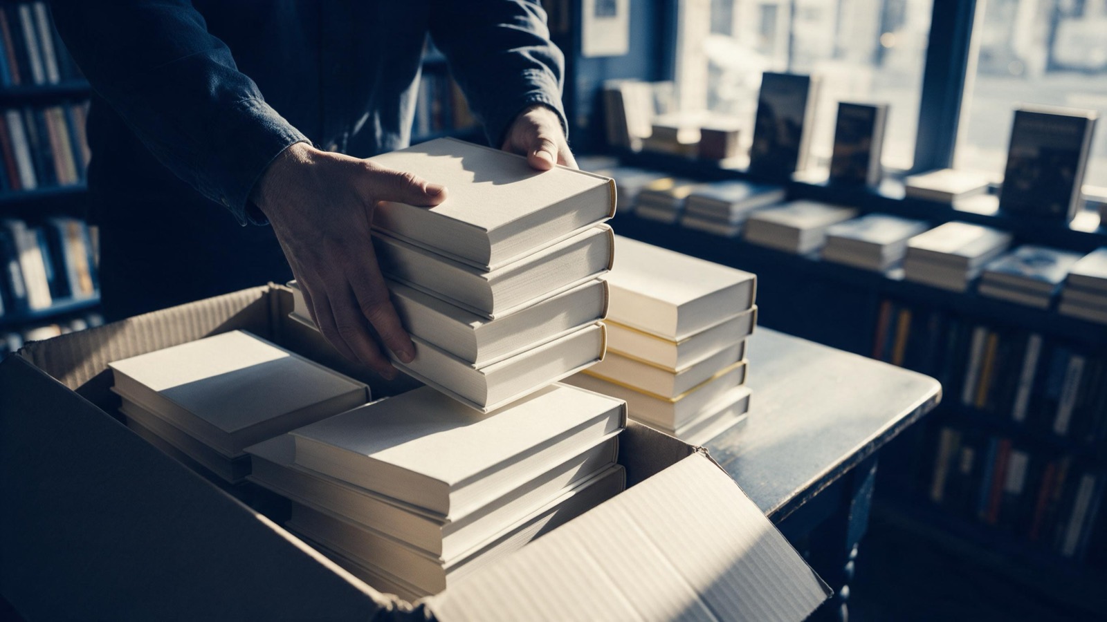 A bookseller's hands lifting stacks of new plain hardbacks from a cardboard box onto a shop table in morning window light