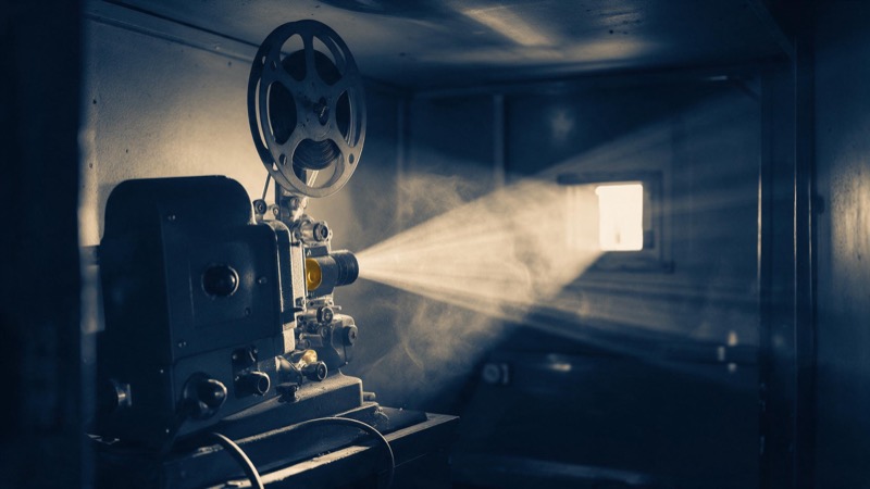 A cinema projection booth with a film projector, its beam cutting through drifting dust toward a small square window