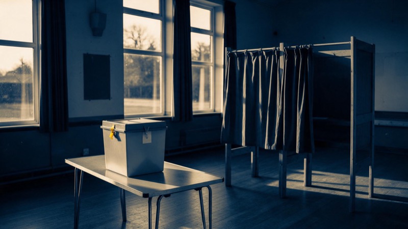 An empty polling station in a village hall at dawn, wooden voting booths with curtains drawn and a sealed ballot box on a plain table