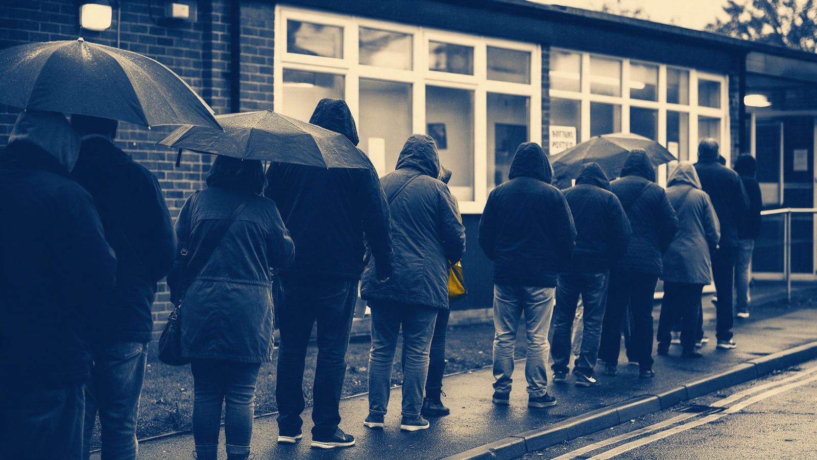 Voters queueing outside a polling station on a rainy morning, seen from behind under umbrellas and hoods, a line of backs along the pavement