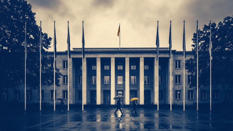 A ministry building with a columned stone facade and flagpoles on a rainy morning, a few umbrellas crossing the empty forecourt