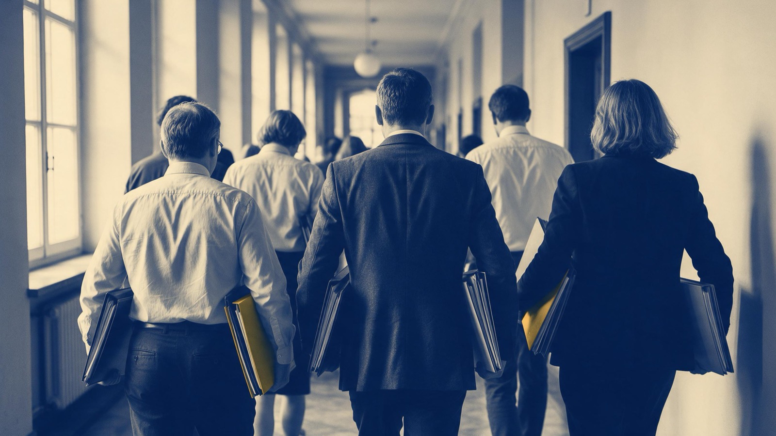 Civil servants seen from behind walking down a long ministry corridor in morning light, arms full of closed folders