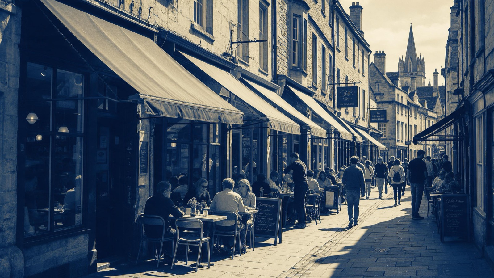 A narrow honey-stone street of small cafés and restaurants in an English university city at lunchtime, awnings out and spires on the skyline