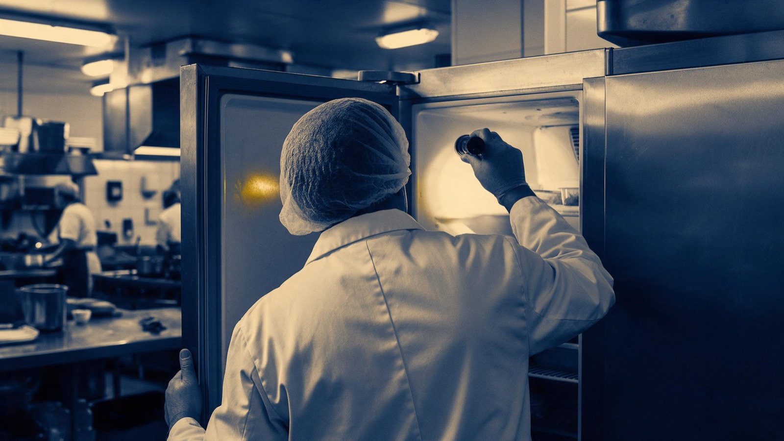 A food inspector in a white coat and hairnet seen from behind, shining a torch into a commercial fridge in a busy kitchen