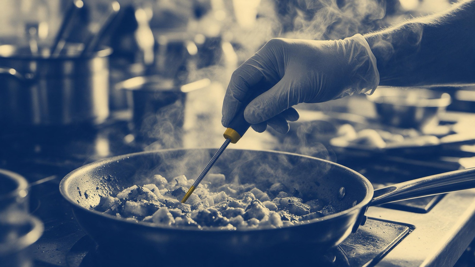 A gloved hand pressing a probe thermometer into a pan of cooked food in a busy kitchen, steam rising around the wrist