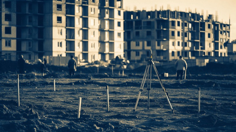 A cleared plot of bare red earth with surveyor's pegs and a tripod, half-built apartment blocks rising behind it in golden evening light