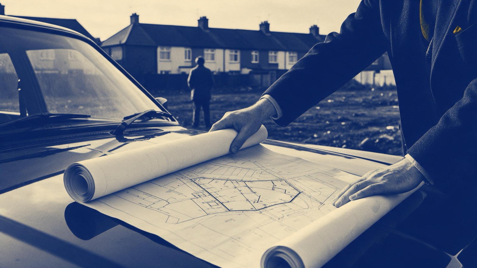 A surveyor and an assistant seen from behind peering through an instrument on a tripod across a staked-out building site