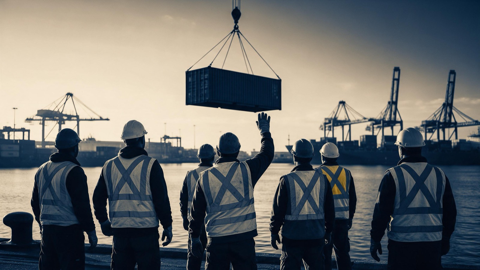 Dock workers in hi-vis seen from behind at the quay edge, one arm raised to guide a container swinging from a crane against the dawn