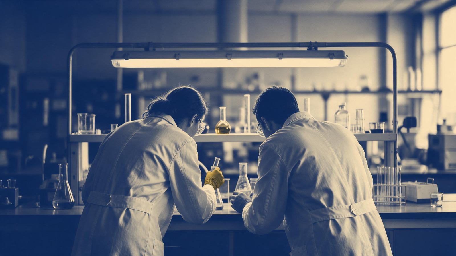 Two researchers in lab coats seen from behind leaning over a bench examining glassware, an overhead strip light above
