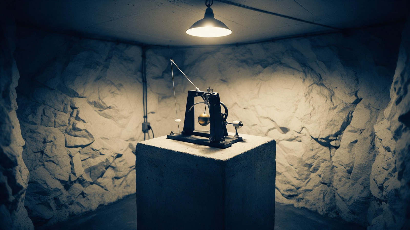 A seismograph vault with a pendulum seismometer bolted to a concrete pier in a low rock-walled room, lit by a single hanging lamp
