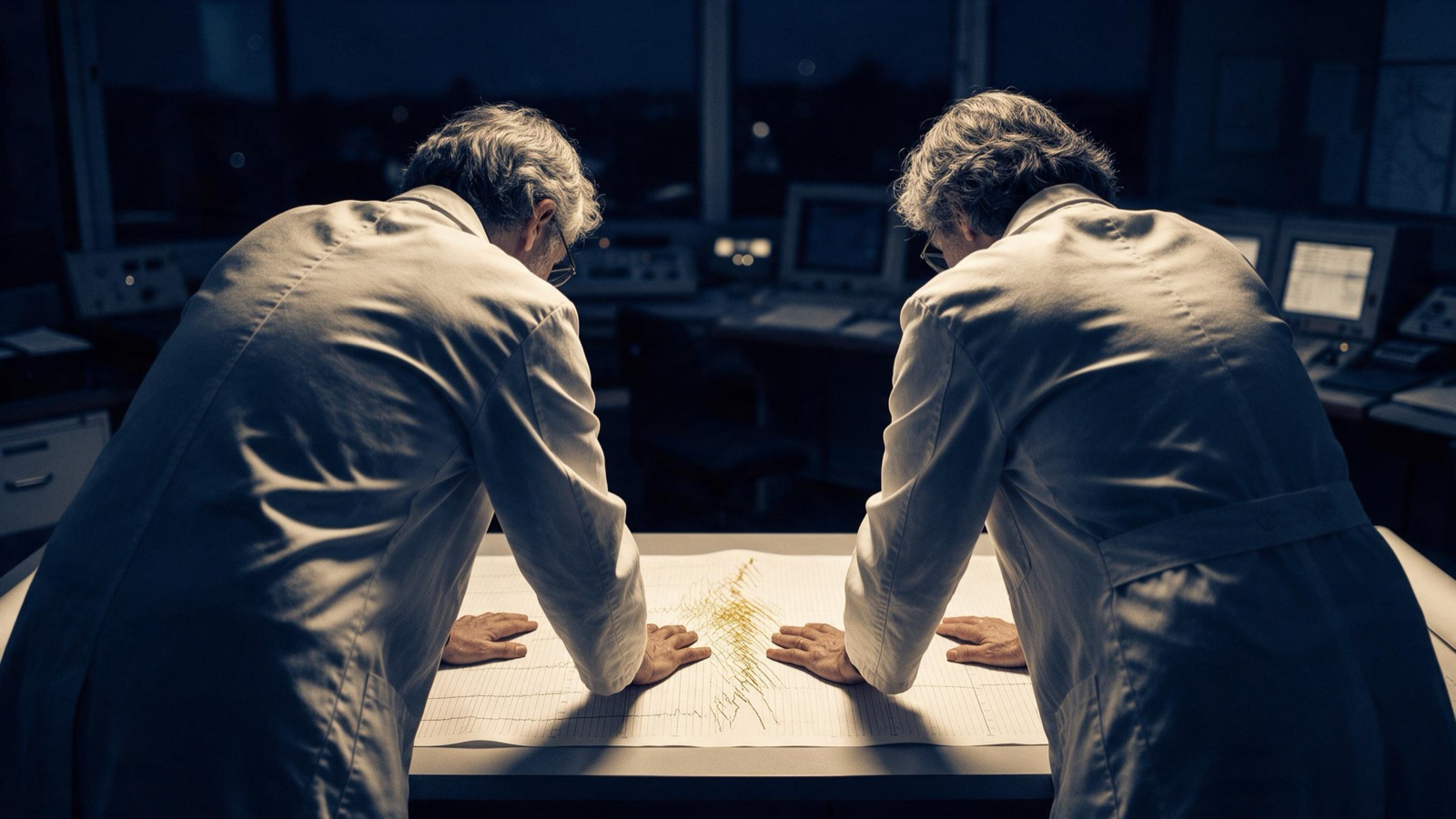Two seismologists seen from behind leaning over a long paper trace unrolled across a table, hands flat on the sheet, in a dim observatory office at night