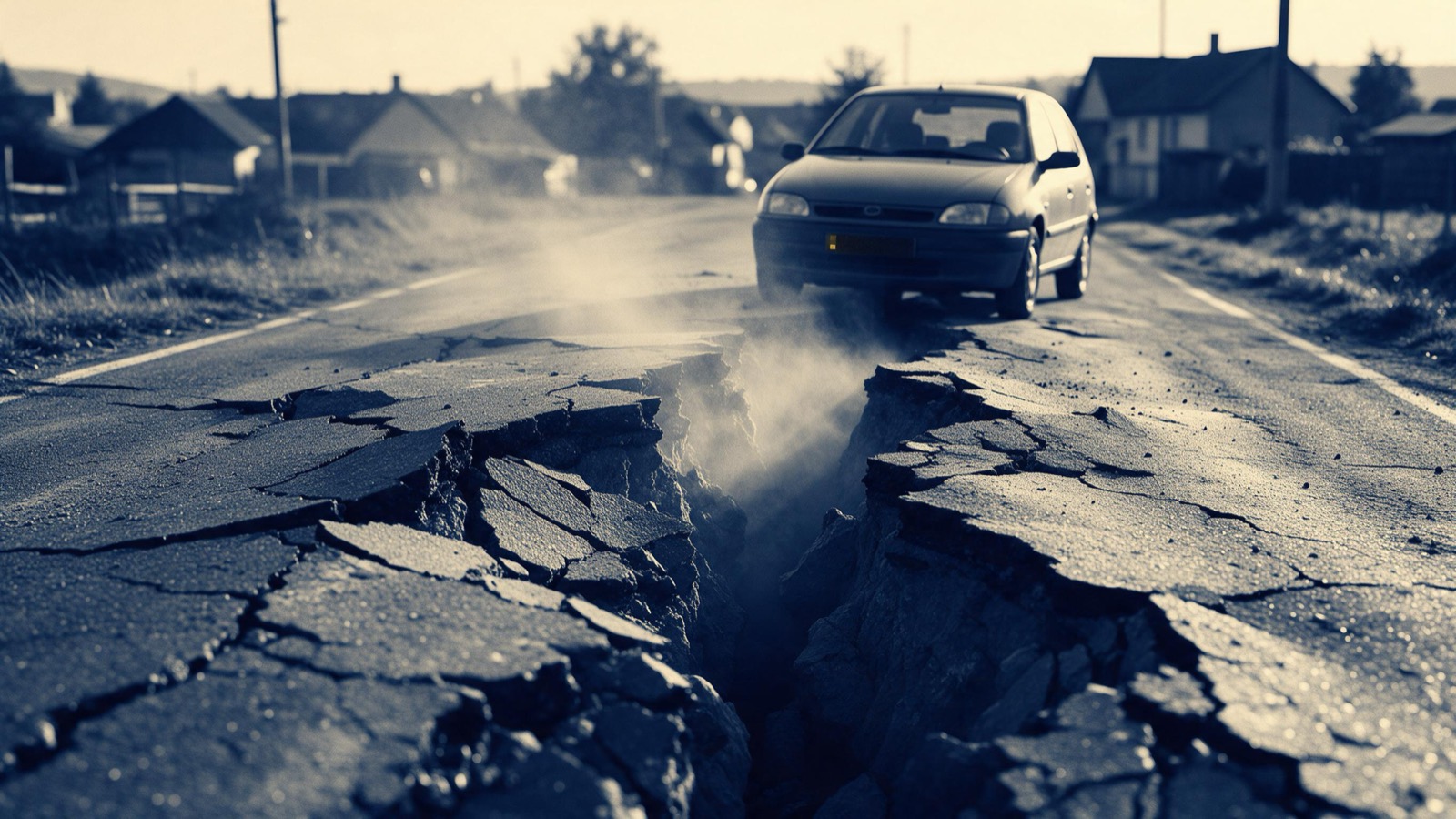 A village road torn open by a ground rupture, asphalt buckled, dust still rising in the early light, a stopped car at the edge of the crack