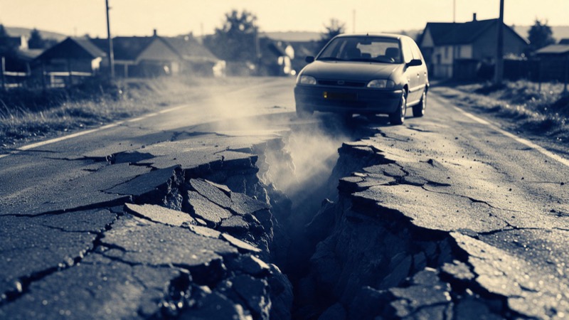 A village road torn open by a ground rupture, asphalt buckled, dust still rising in the early light, a stopped car at the edge of the crack
