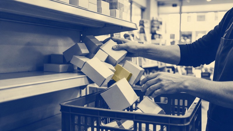 A shop assistant's hands sweeping plain boxes from a shelf into a plastic crate, the shelf nearly bare under bright store light