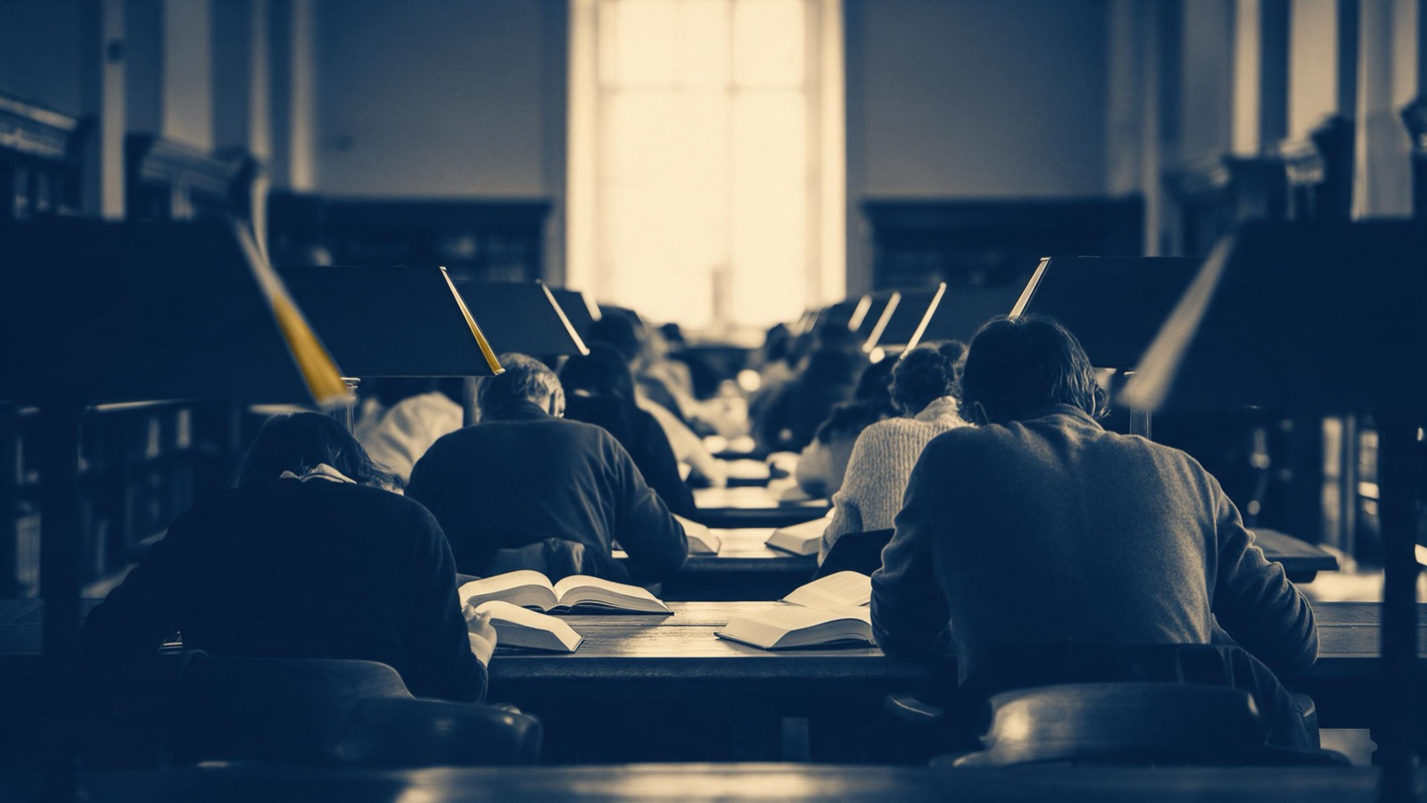 Scholars seen from behind at long wooden reading tables, bent over open books under shaded lamps, a tall window glowing at the end of the room