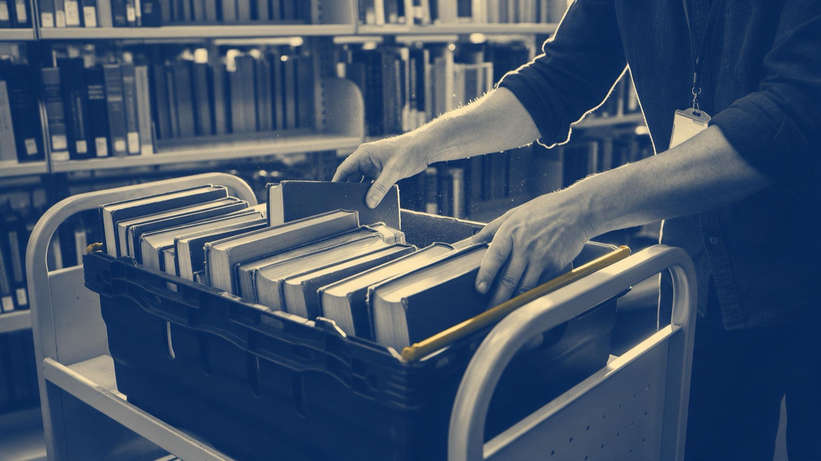 A library worker's hands loading a crate of withdrawn volumes onto a trolley beside an emptied shelf bay, dust in the light