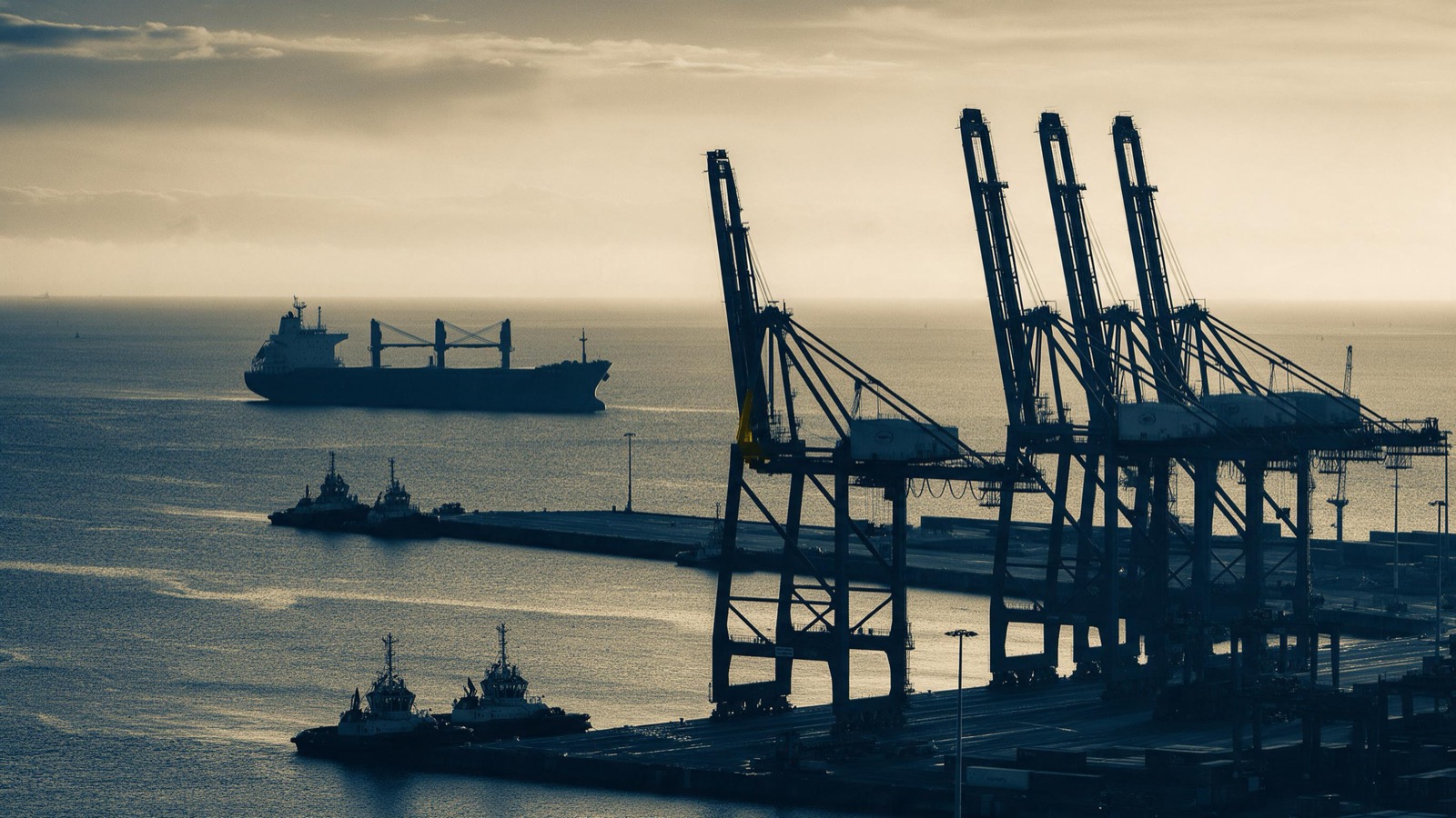 A cargo ship held at anchor off a port at dawn, tugs idle beside the empty berth, the quay cranes unmoving