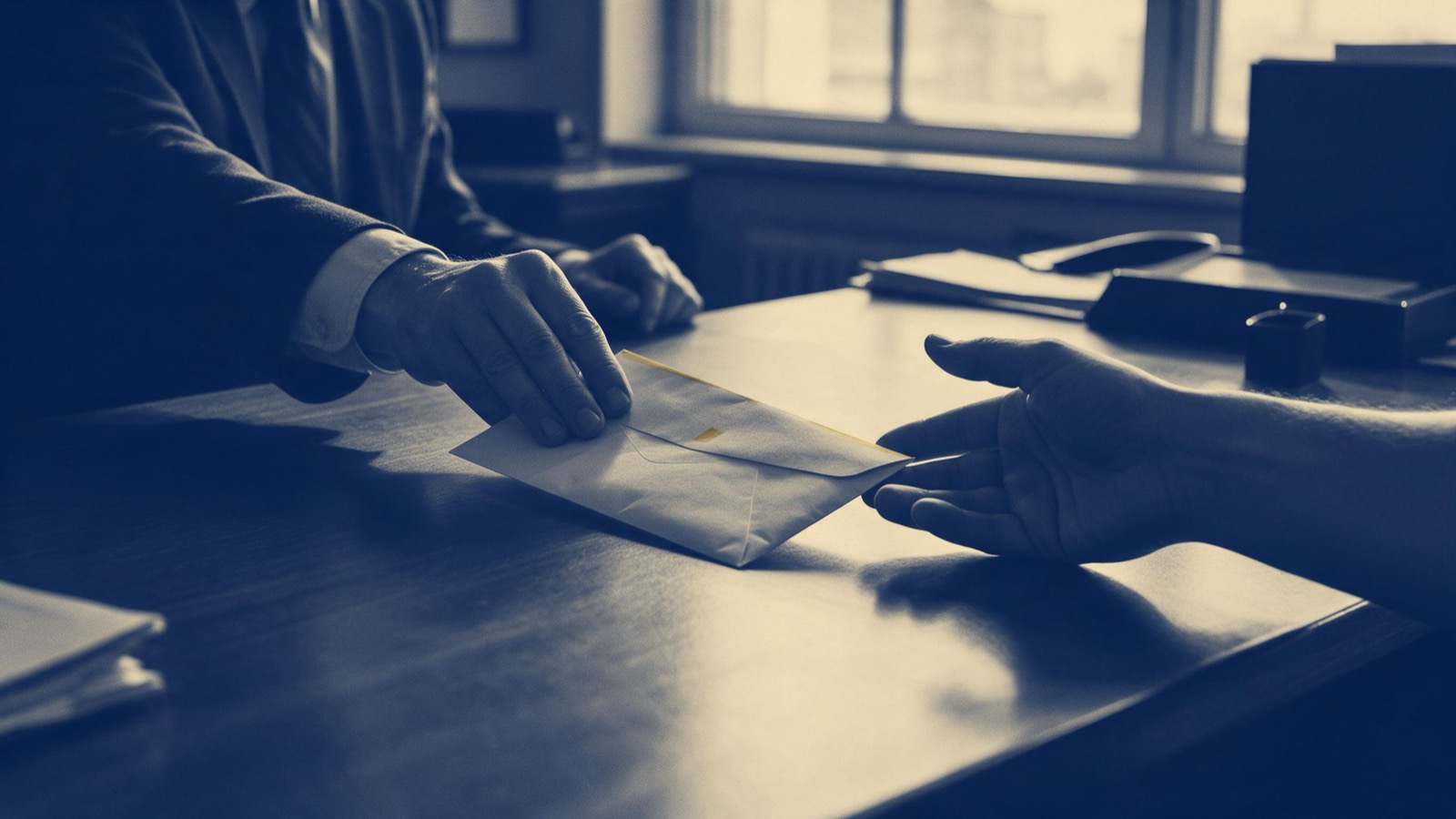 A clerk's hand sliding a sealed envelope across a polished desk toward another hand, a window of grey morning light behind