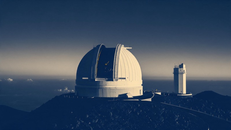 A solar observatory dome on a mountain ridge at dusk, its slit open to the sky, with a slender tower beside it