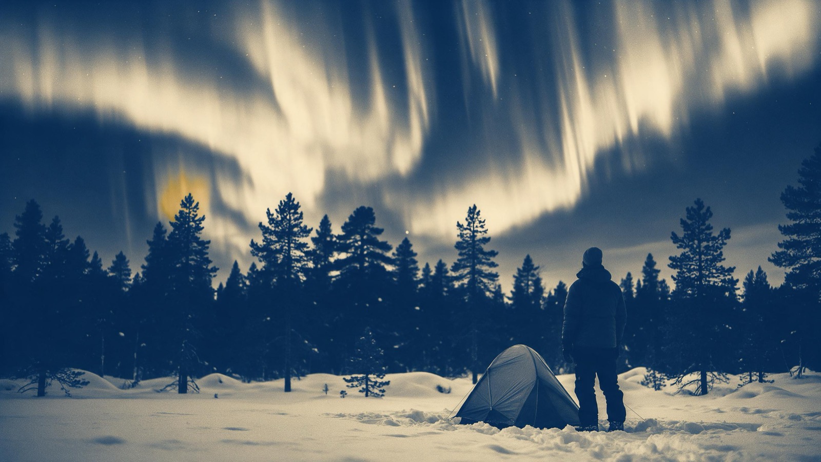 Green aurora curtains rippling over a dark pine forest with a lone traveller seen from behind beside a small tent in the snow