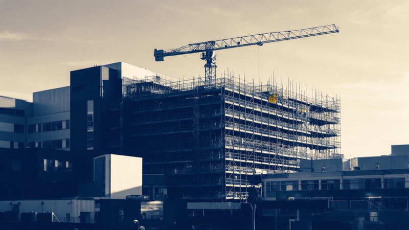 A half-built public hospital wing wrapped in scaffolding beneath a tower crane, seen from the street against a pale morning sky