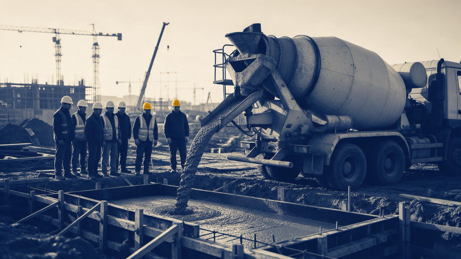 A concrete mixer lorry pouring a grey stream down a chute into foundation shuttering at first light, workers watching from the edge