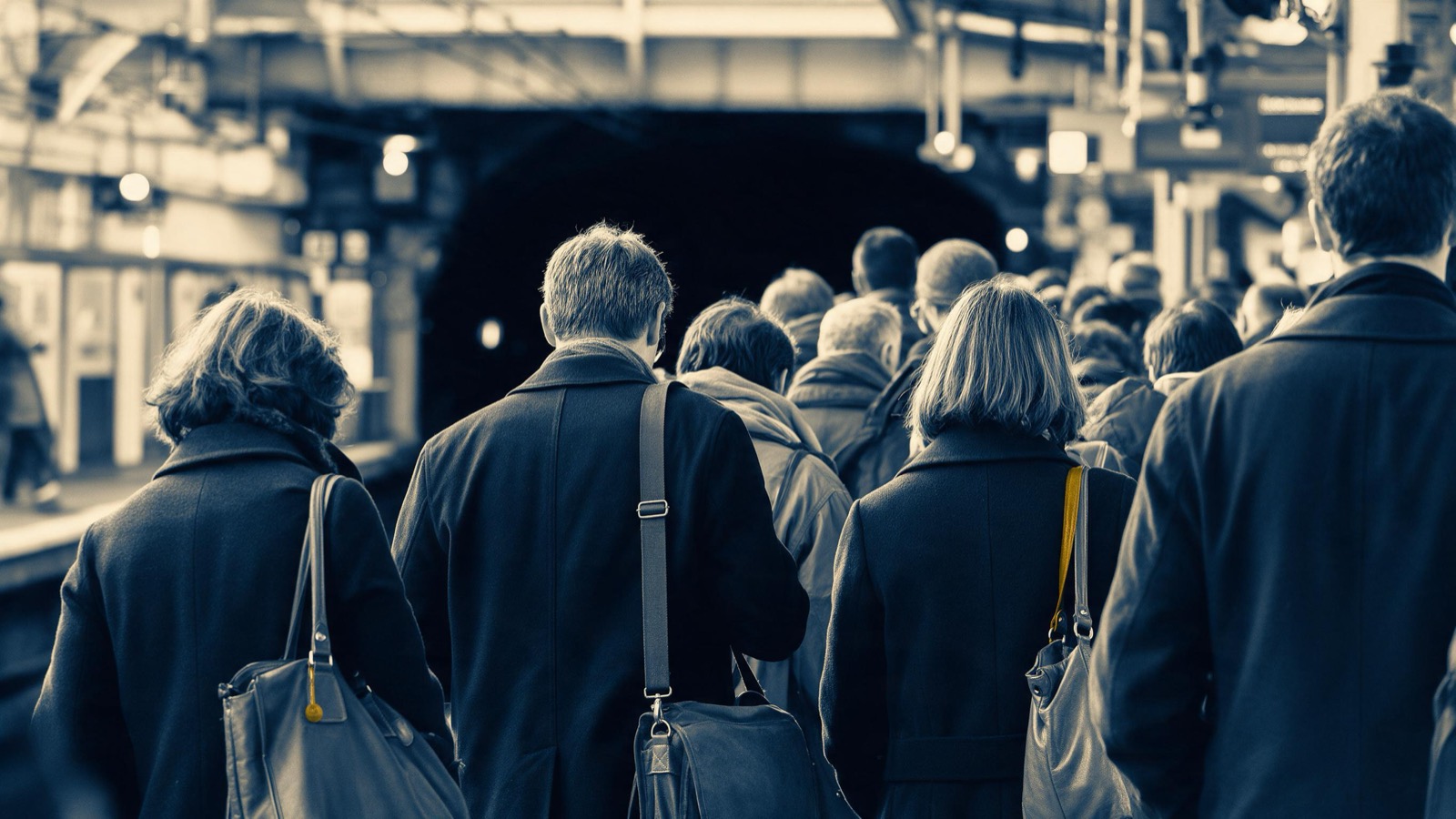Commuters in coats seen from behind crowding the platform edge at rush hour, bags on shoulders, all facing the black mouth of the tunnel