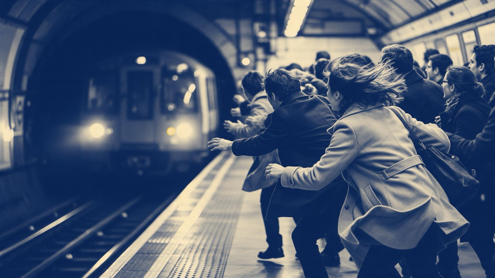 A train's headlamps emerging from the tunnel as the crowd on the platform leans forward, the rush of air lifting coats and hair