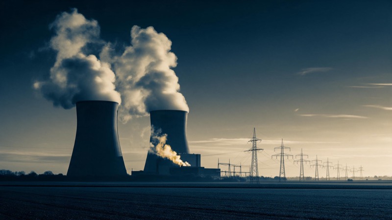 Cooling towers and a turbine hall venting white steam into a cold dawn above flat fields, with a line of pylons marching away toward the horizon