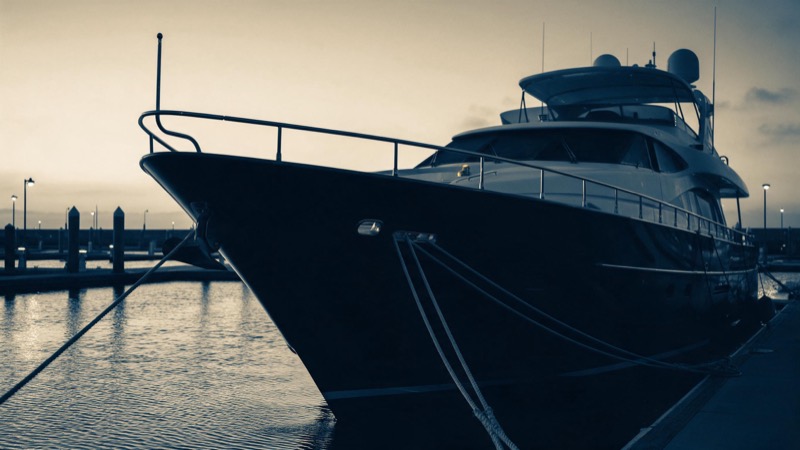 A large private yacht moored alone and dark at an empty marina at dawn, ropes taut, dockside lamps still burning, no one aboard