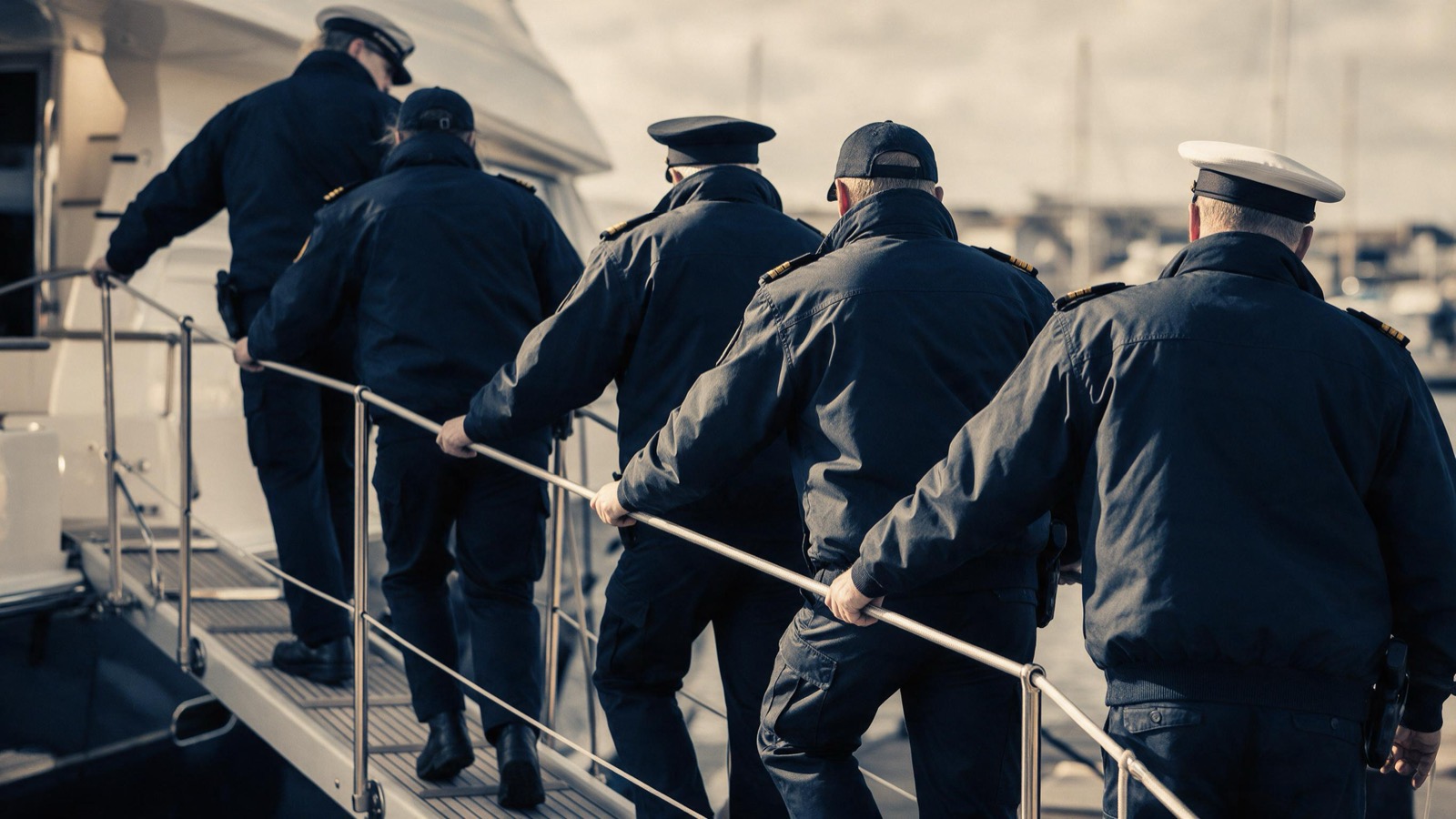 Uniformed port officers seen from behind climbing the gangway of a moored yacht, hands on the rail, grey harbour light on their jackets