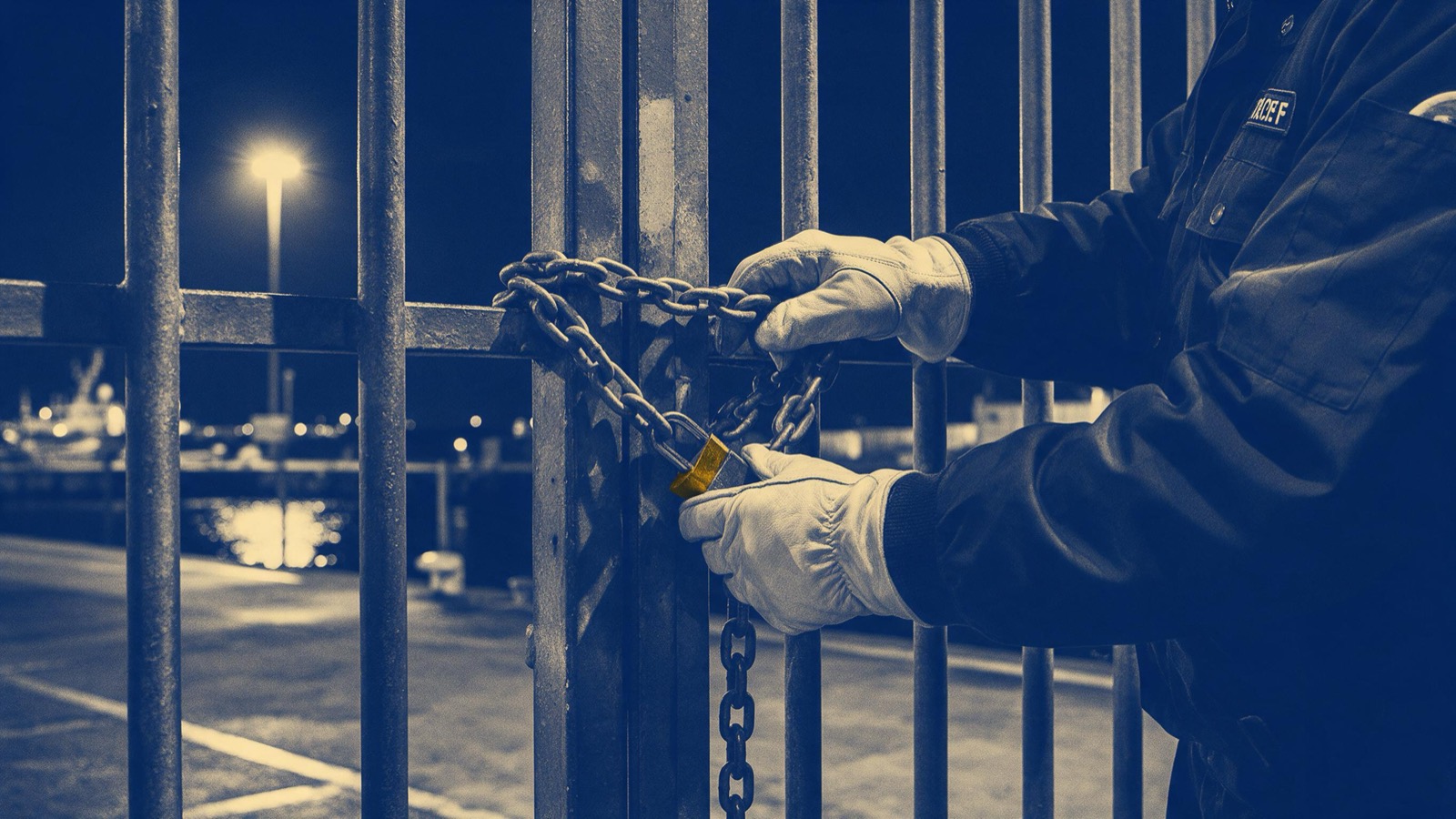 A port officer's gloved hands fastening a heavy chain and padlock across a harbour gate at night under a single sodium lamp