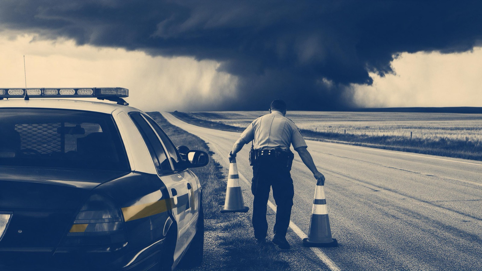 Storm spotters seen from behind standing beside a pickup truck on a plains road, one pointing toward a black horizon