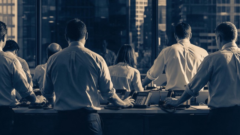 Bond dealers in rolled sleeves seen from behind at a long trading desk, hands on telephones, the dark city visible through the glass wall in front of them